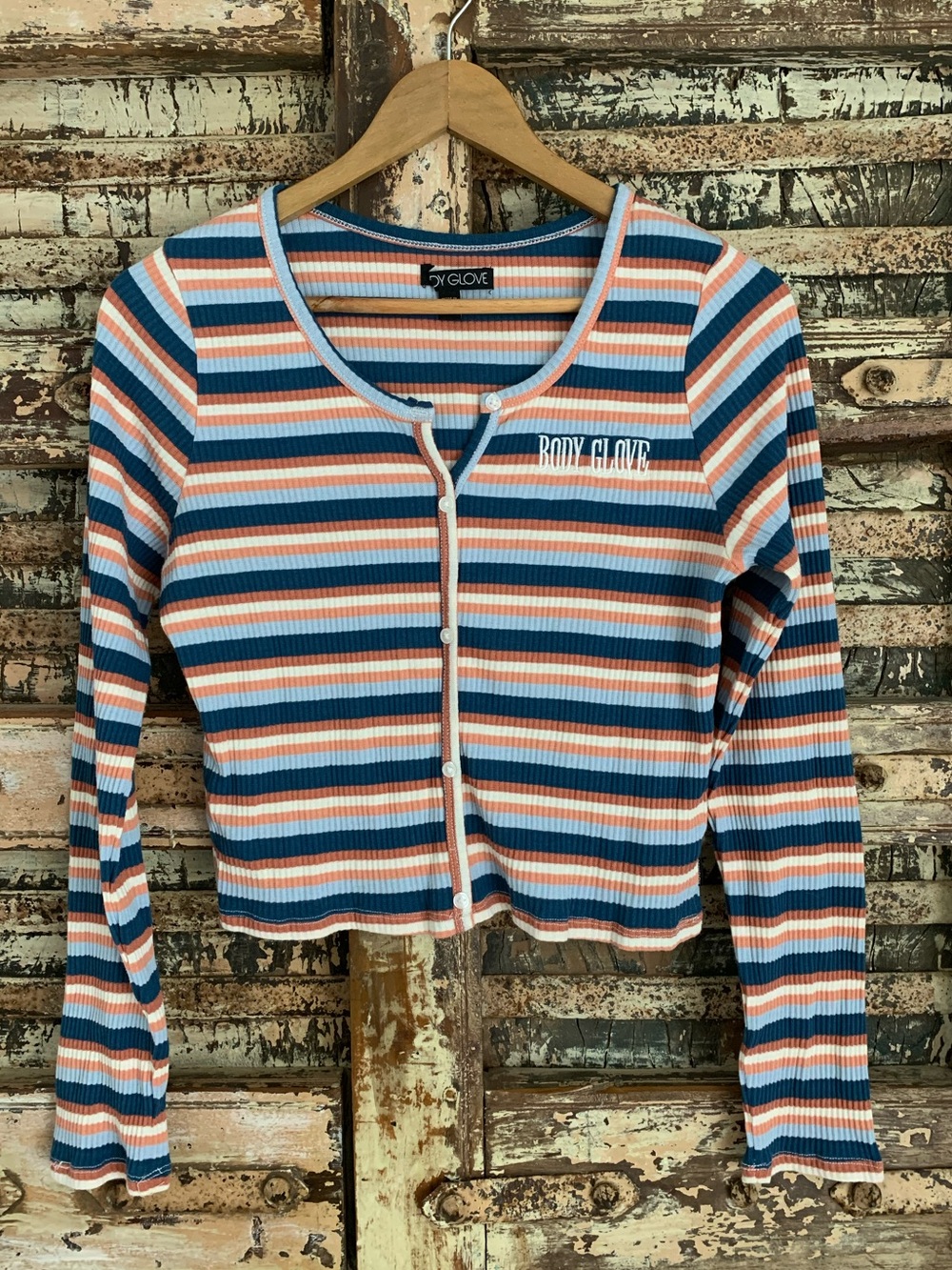Body Glove Blue, Peach & White Striped Ribbed Button Top, EUC, Jr XL, Women’s S